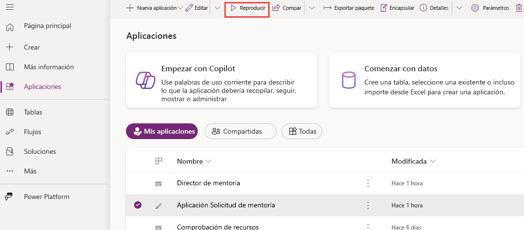 Captura de pantalla con el botón Reproducir aplicación