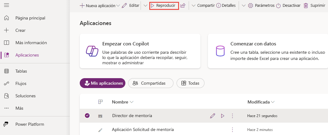 Captura de pantalla del botón Reproducir aplicación