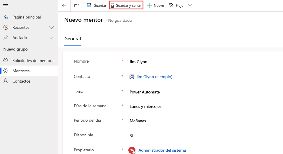 Captura de pantalla que muestra el botón Guardar y cerrar