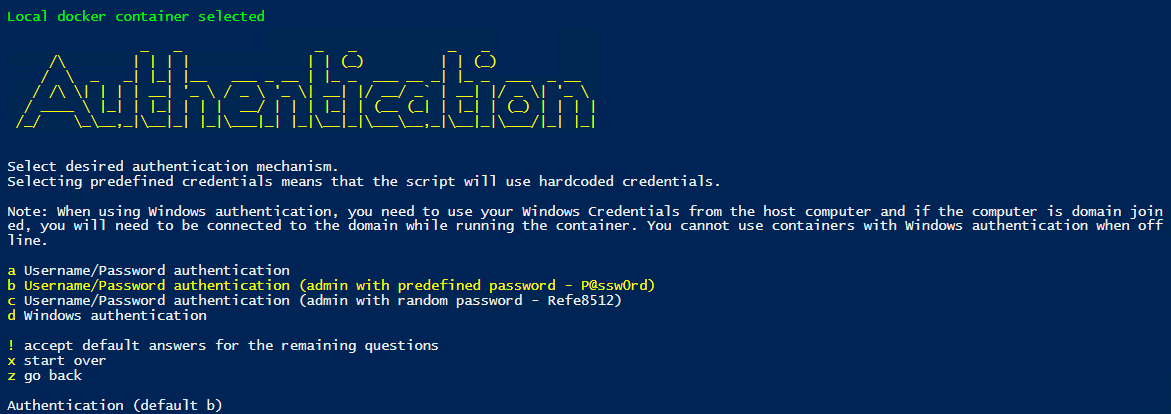 Captura de pantalla del asistente de BCContainerHelper: autenticación.