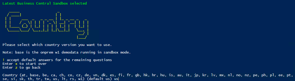 Captura de pantalla del asistente de BCContainerHelper: país o región.