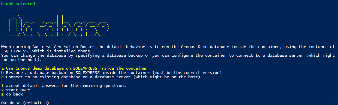 Captura de pantalla del asistente de BCContainerHelper: base de datos.