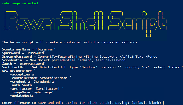Captura de pantalla del asistente de BCContainerHelper: script de PowerShell.