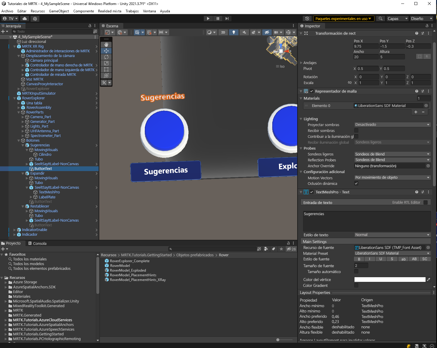 Screenshot of Unity with Hints Button text object configuration and EyeTrackingTarget component configured.
