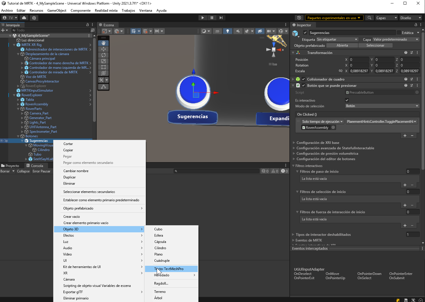 Screenshot of Unity with Hints Button text object selected and EyeTrackingTarget component configured.