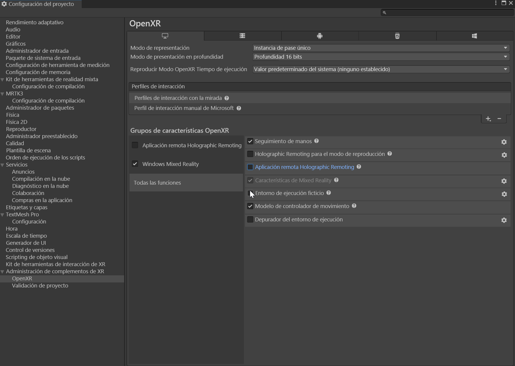 Screenshot of the eye-gaze interaction profile in the OpenXR menu.