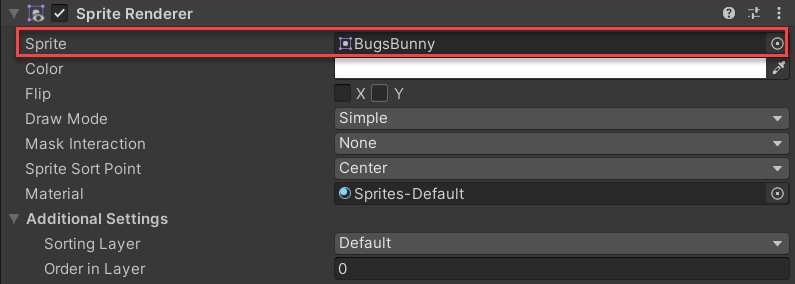 Screenshot of the sprite renderer properties for the player image object. The sprite property is highlighted.