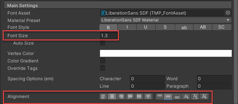 Screenshot of the main settings properties for the player name object. The font size and alignment properties are highlighted.