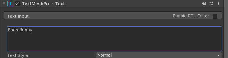 Screenshot of the text mesh pro text properties for the player name object. Bugs Bunny is entered into the text input property.