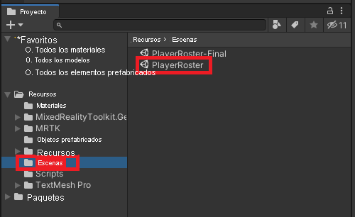 Screenshot of the Unity Project panel, with the Scenes folder highlighted and the PlayerRoster scene highlighted.