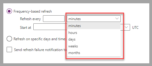 Captura de pantalla del editor de Power Query. El foco está en Actualizar cada lista para la opción de actualización basada en frecuencia