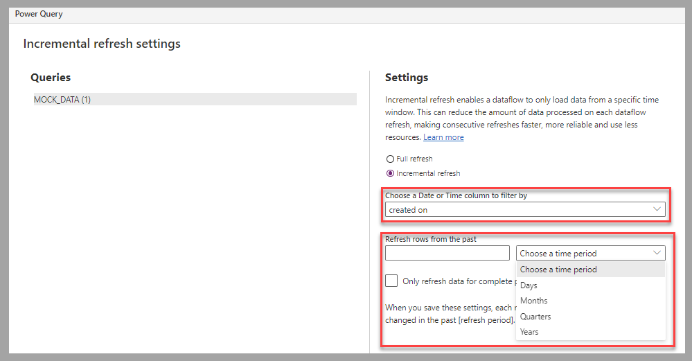 Captura de pantalla del editor de Power Query. El foco está en las opciones de configuración de Actualización incremental