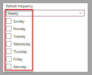 Captura de pantalla del editor de Power Query. El foco está en la lista de opciones de Frecuencia de actualización