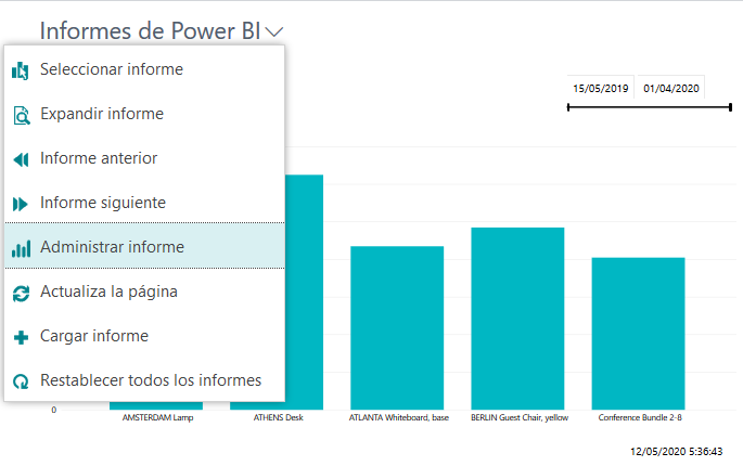 Captura de pantalla de la característica Administrar informe de los informes de Power BI.