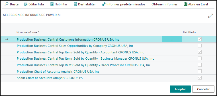 Captura de pantalla del menú de selección de informes de Power BI.