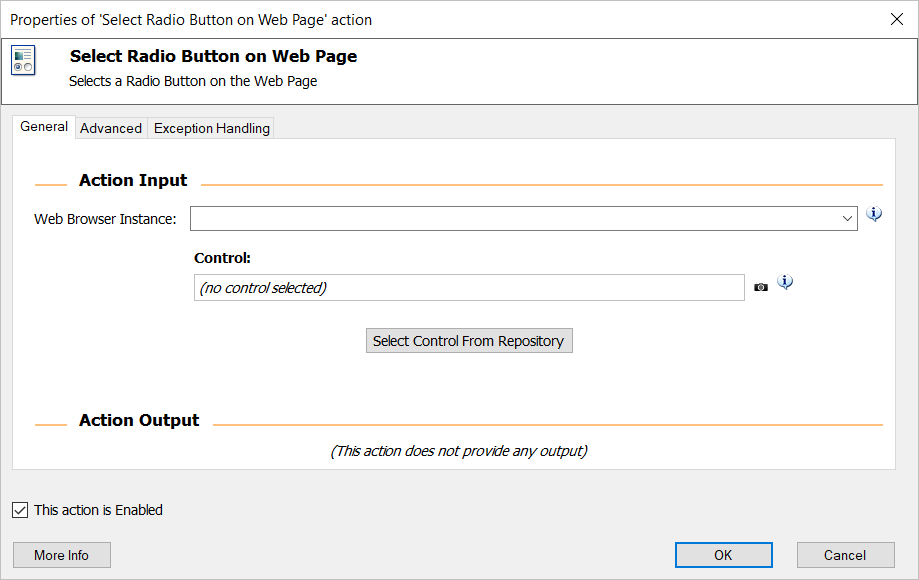 Screenshot of the Select Radio Button on Web Page action.