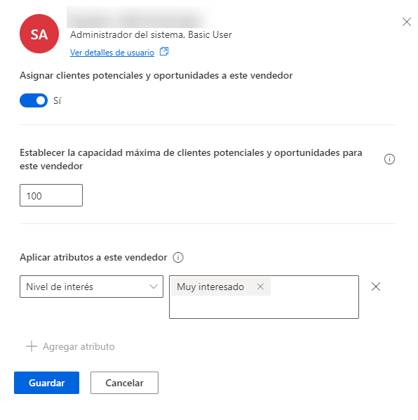Captura de pantalla con la configuración para un usuario