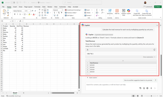 Captura de pantalla del chat de Copilot en Excel en la que se muestra una fórmula que se genera en la barra lateral.