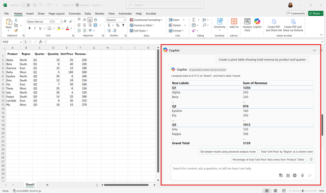 Captura de pantalla de Copilot Chat en Excel generando una tabla dinámica a partir de un conjunto de datos seleccionado.