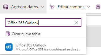 Captura de pantalla para agregar Office 365 Outlook desde el panel agregar Datos.