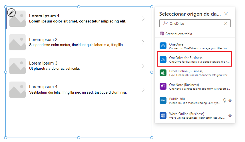 Captura de pantalla de cómo agregar un origen de datos de OneDrive a una galería