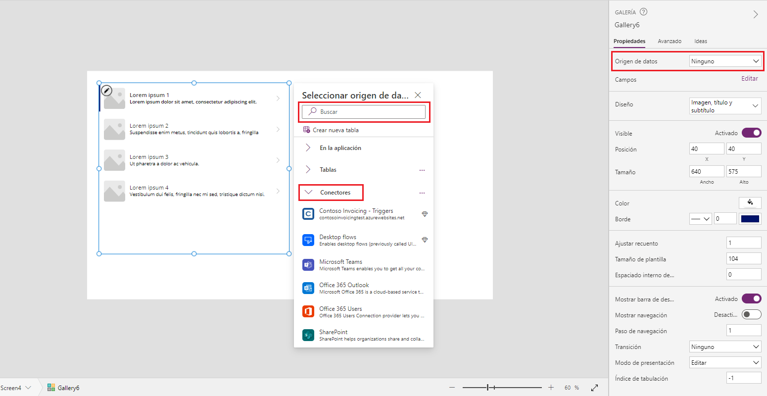 Captura de pantalla de cómo agregar un origen de datos a una galería