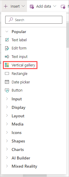Vista del botón Insertar seleccionado y la opción Vertical gallery resaltada