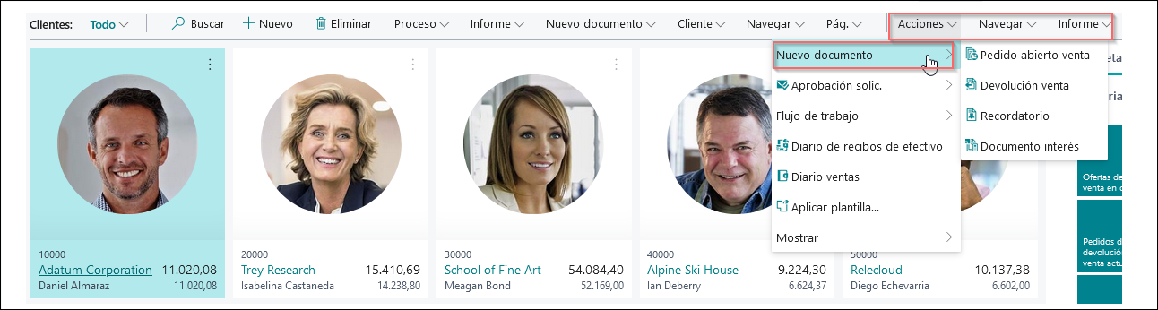 Captura de pantalla que muestra las áreas de acciones de una página