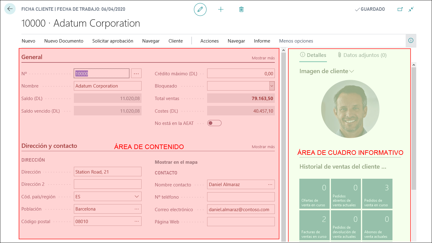 Captura de pantalla que muestra las zonas Contenido y Cuadro informativo de una página.