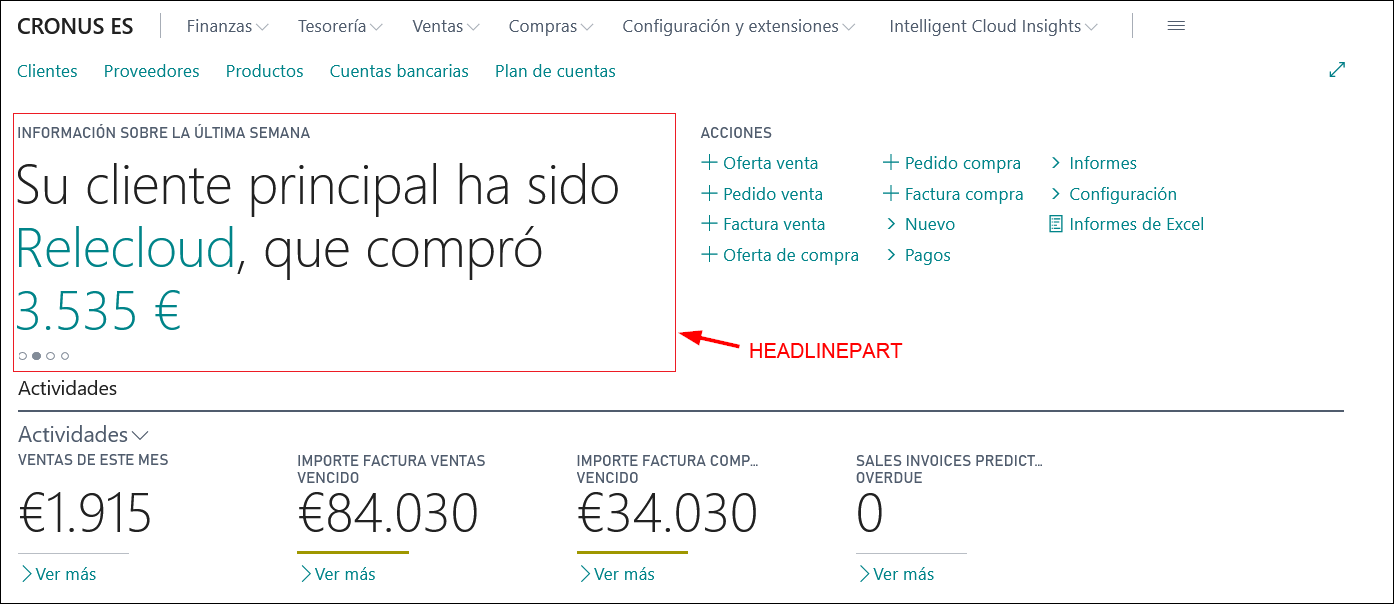 Captura de pantalla de una página ParteEncabezado de ejemplo en Business Central.