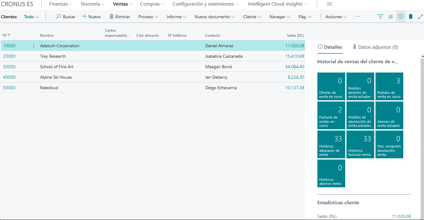 Captura de pantalla de una página Lista de ejemplo en Business Central.