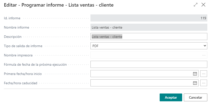 Captura de pantalla de la vista detallada de Programar un informe.