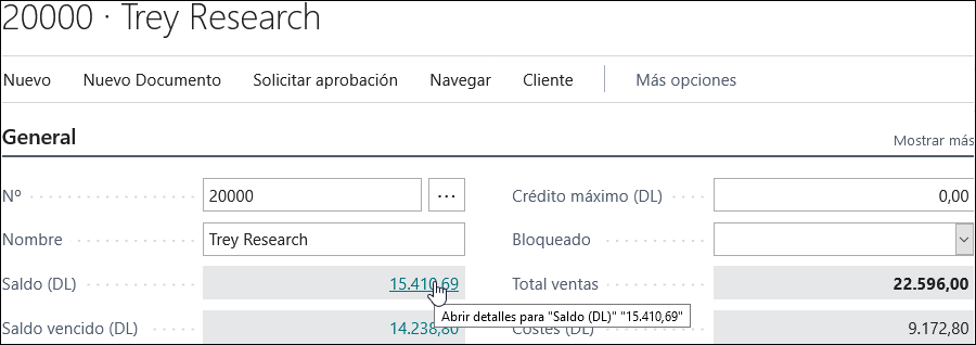 Captura de pantalla de los campos Saldo y Saldo vencido con la acción de explorar en profundidad