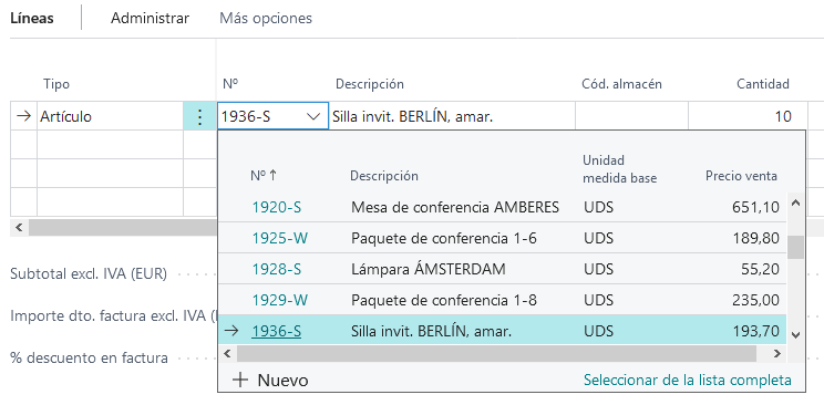 Captura de pantalla de una línea de venta vinculada a una tabla de artículos.