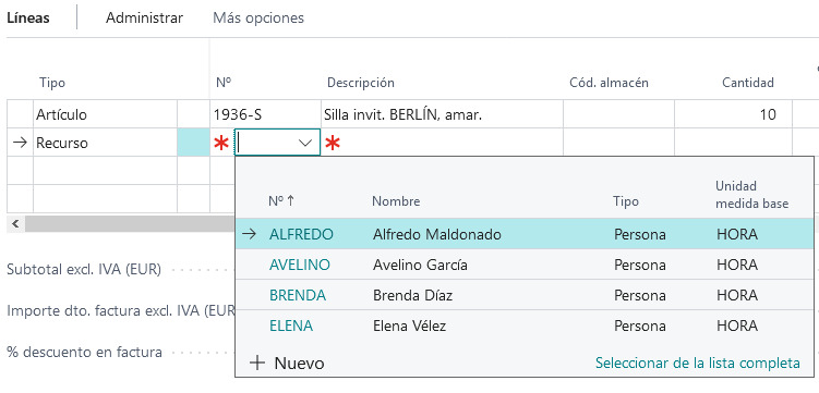 Captura de pantalla de una línea de venta vinculada a una tabla de recursos.