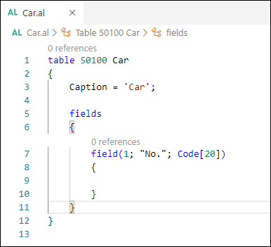 Captura de pantalla de la estructura de tabla en AL con el id. y el nombre