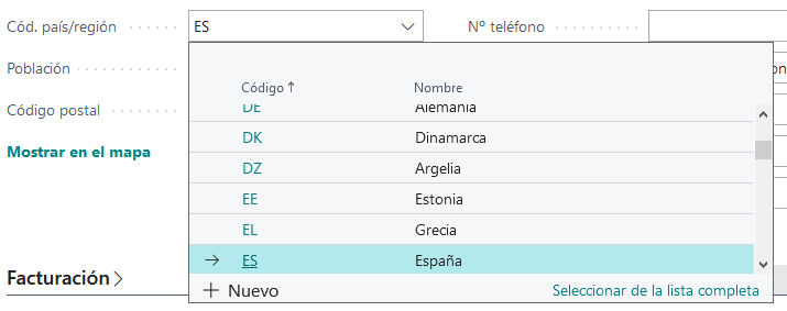 Captura de pantalla del menú desplegable de la propiedad TableRelation.