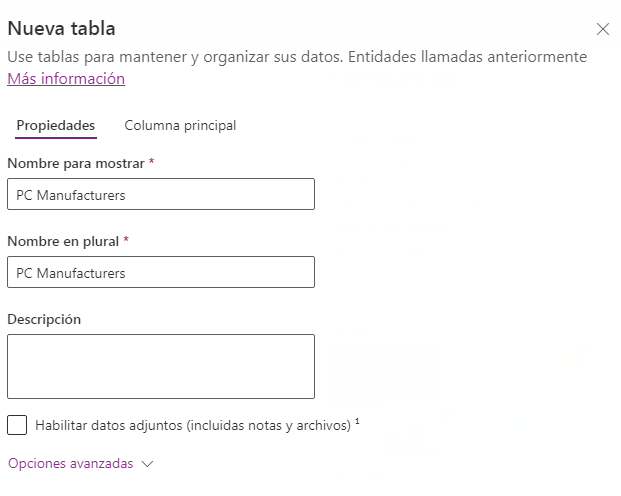 Captura de pantalla de los valores de Nueva tabla con el botón Crear