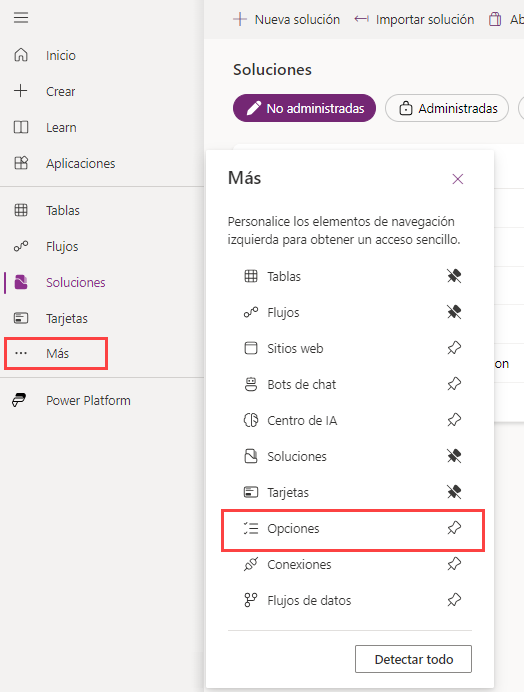 Captura de pantalla de Opciones en el Maker Portal