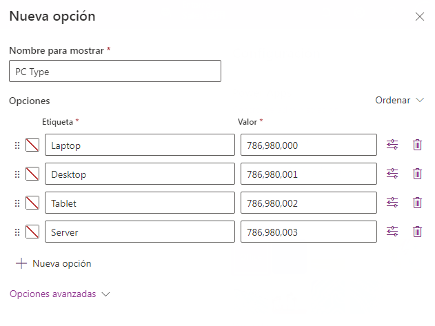 Cuadro de diálogo que muestra la opción denominada Tipo de PC, con Portátil, Ordenador de sobremesa, Tableta y Servidor agregados