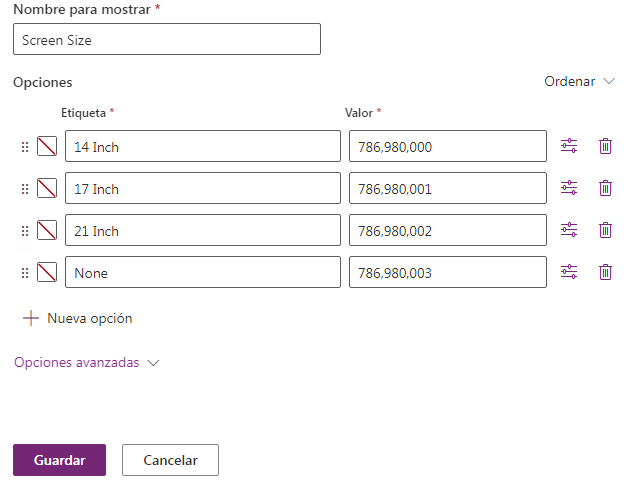 Cuadro de diálogo de opción, con el nombre establecido en