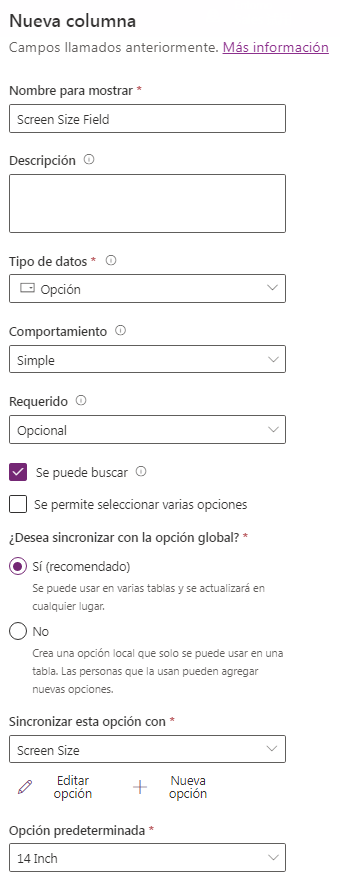 Cuadro de diálogo de la columna