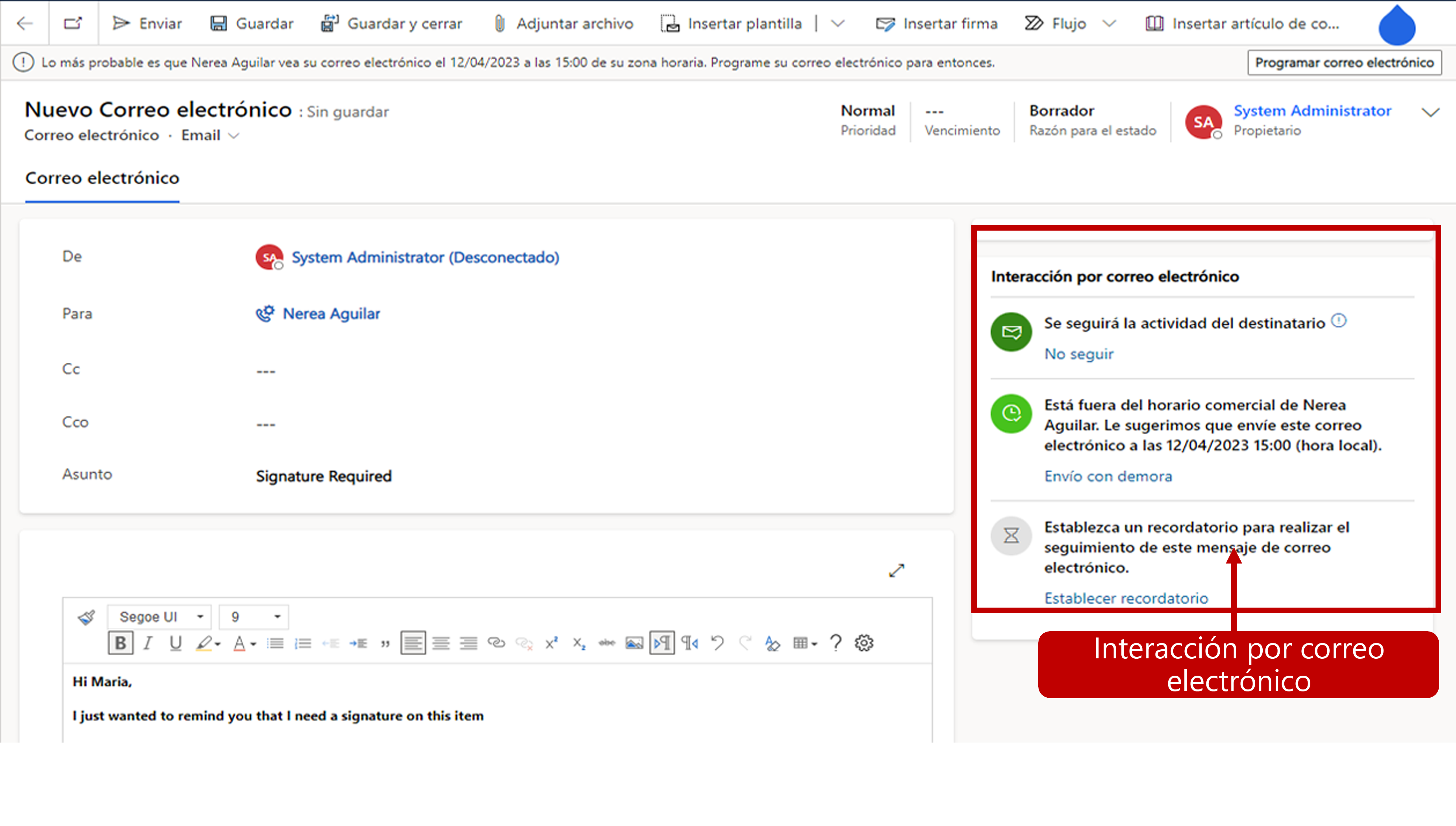 Captura de pantalla con la sección Interacción por correo electrónico resaltada; puede cambiar entre seguir la actividad del destinatario, retrasar el envío o establecer un recordatorio