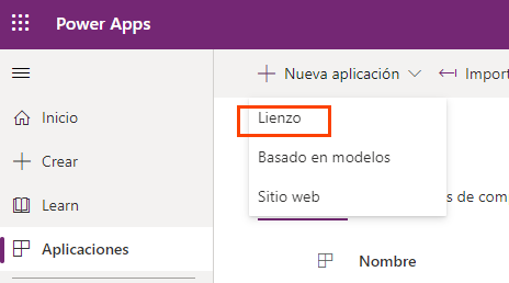 Captura de pantalla de la selección Aplicaciones - Nueva aplicación - Lienzo, con Lienzo resaltado