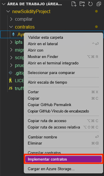 Screenshot showing the Explorer pane. In the shortcut menu, the Deploy Contracts command is selected.