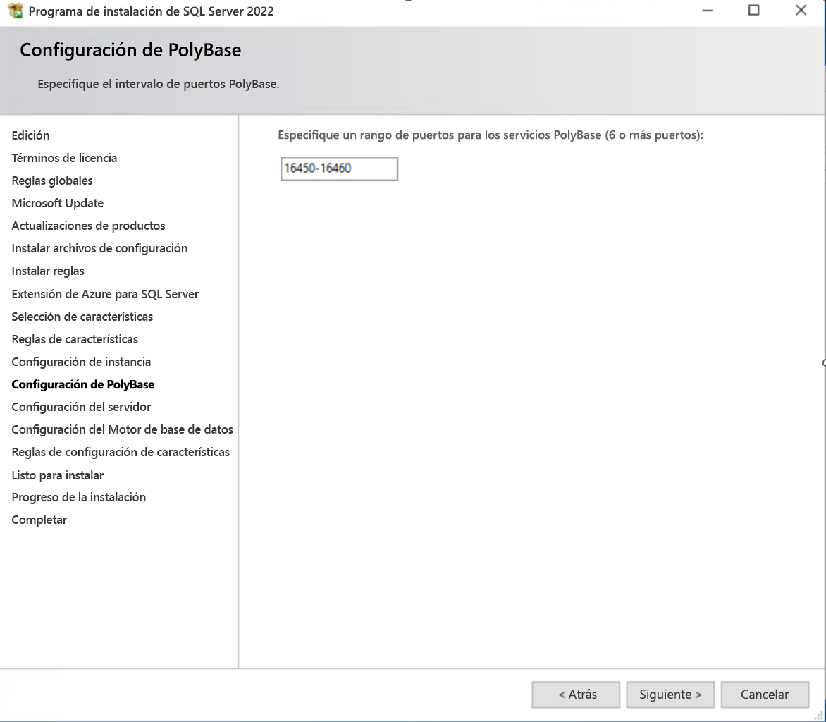 Imagen del ejecutable de instalación de SQL Server que muestra la configuración del intervalo de puertos de PolyBase.