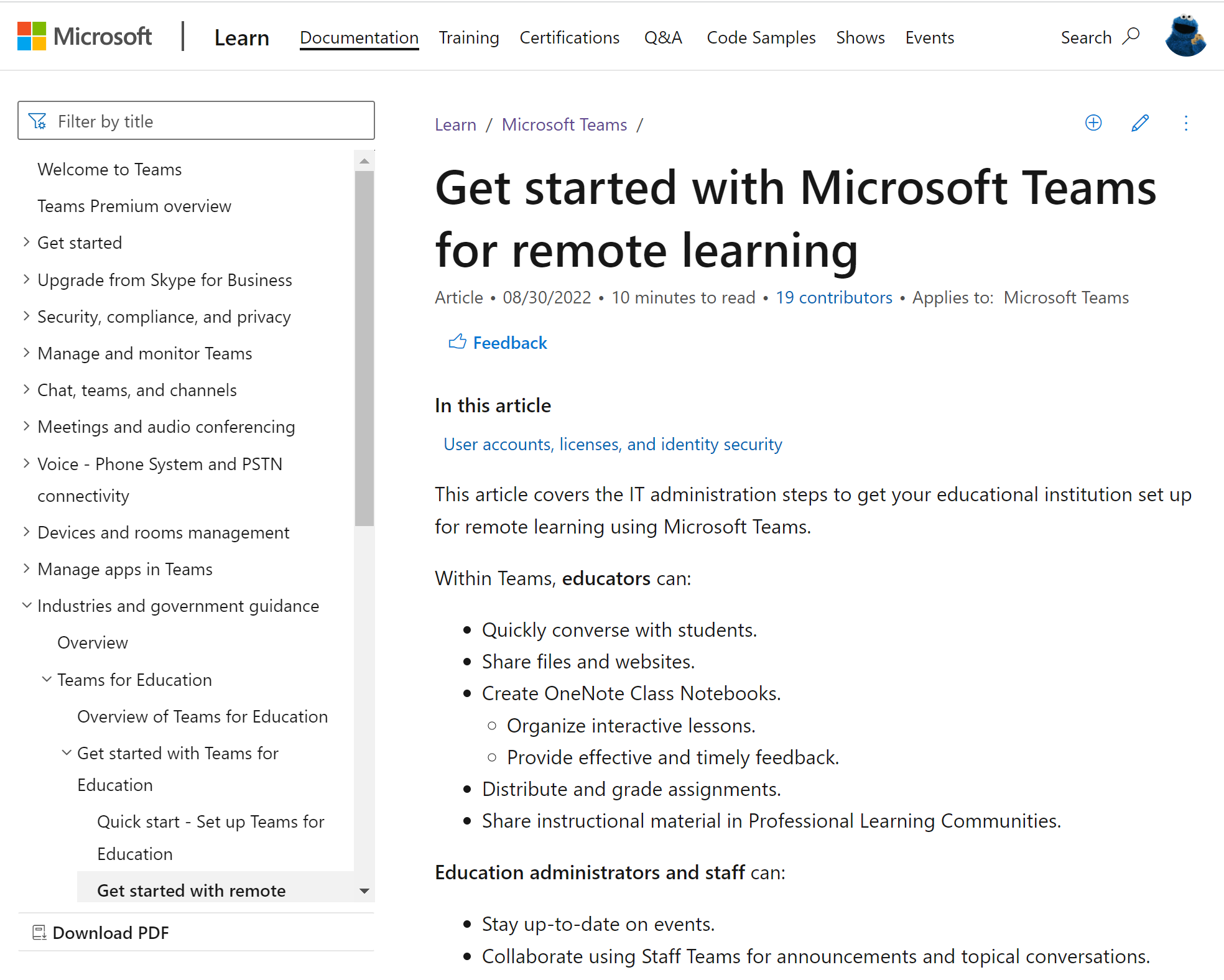 Captura de pantalla del artículo “Introducción a Microsoft Teams para el aprendizaje remoto”.