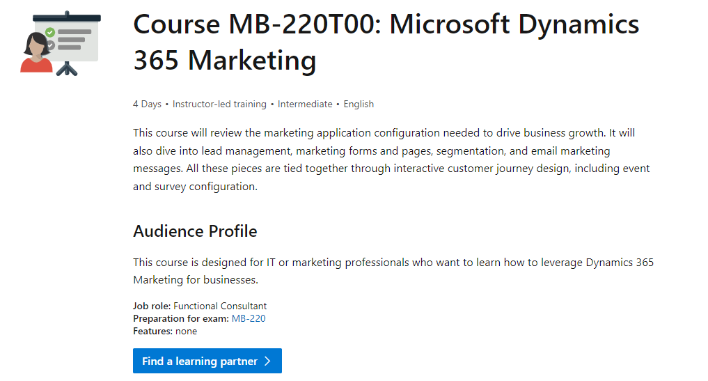 Captura de pantalla que muestra la página de detalles del curso MB-220T00: Microsoft Dynamics 365 Marketing