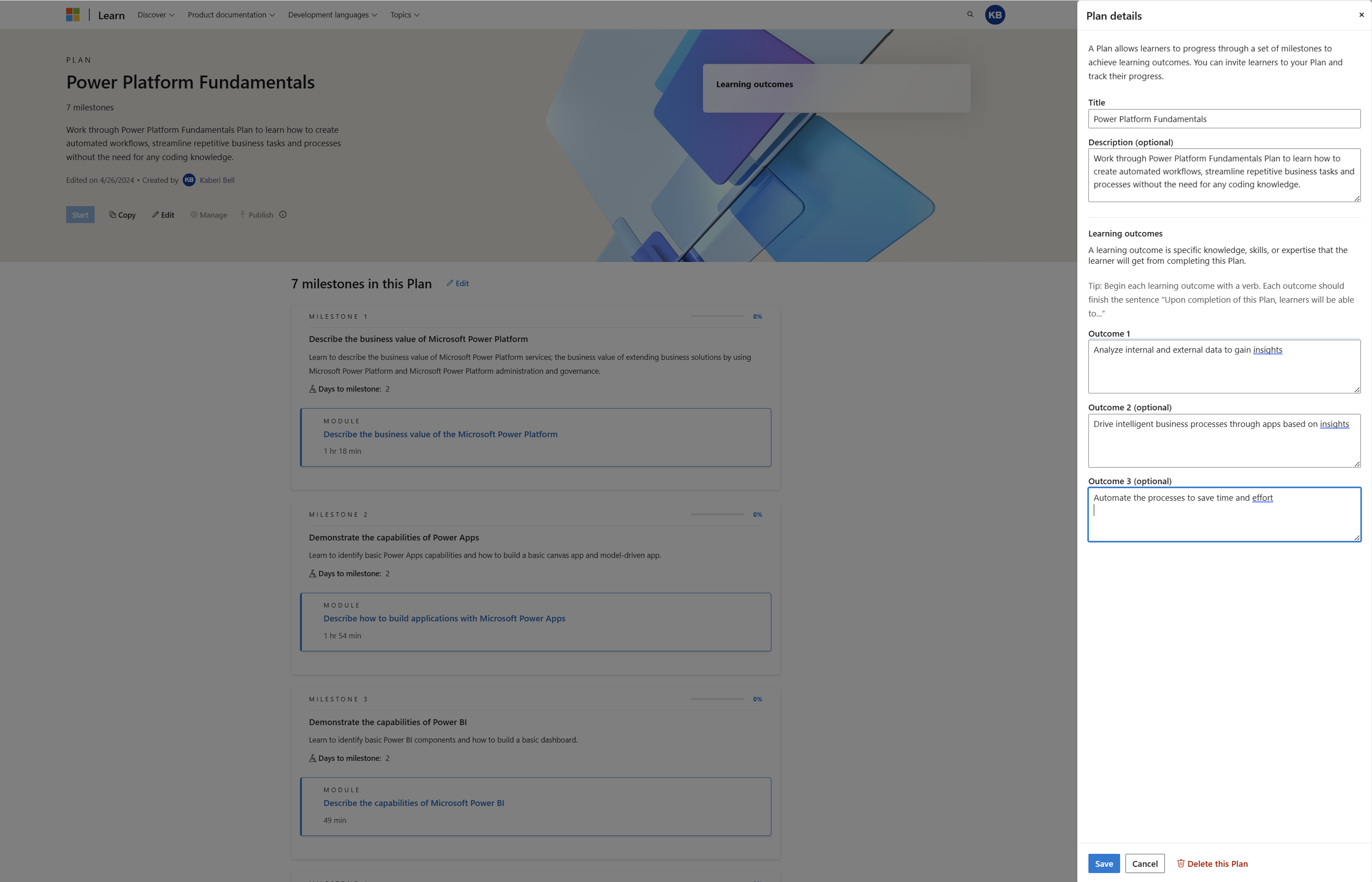 Captura de pantalla de la adición de resultados de aprendizaje a un plan Se abre una hoja que permite al creador del plan introducir resultados de aprendizaje y guardarlos.