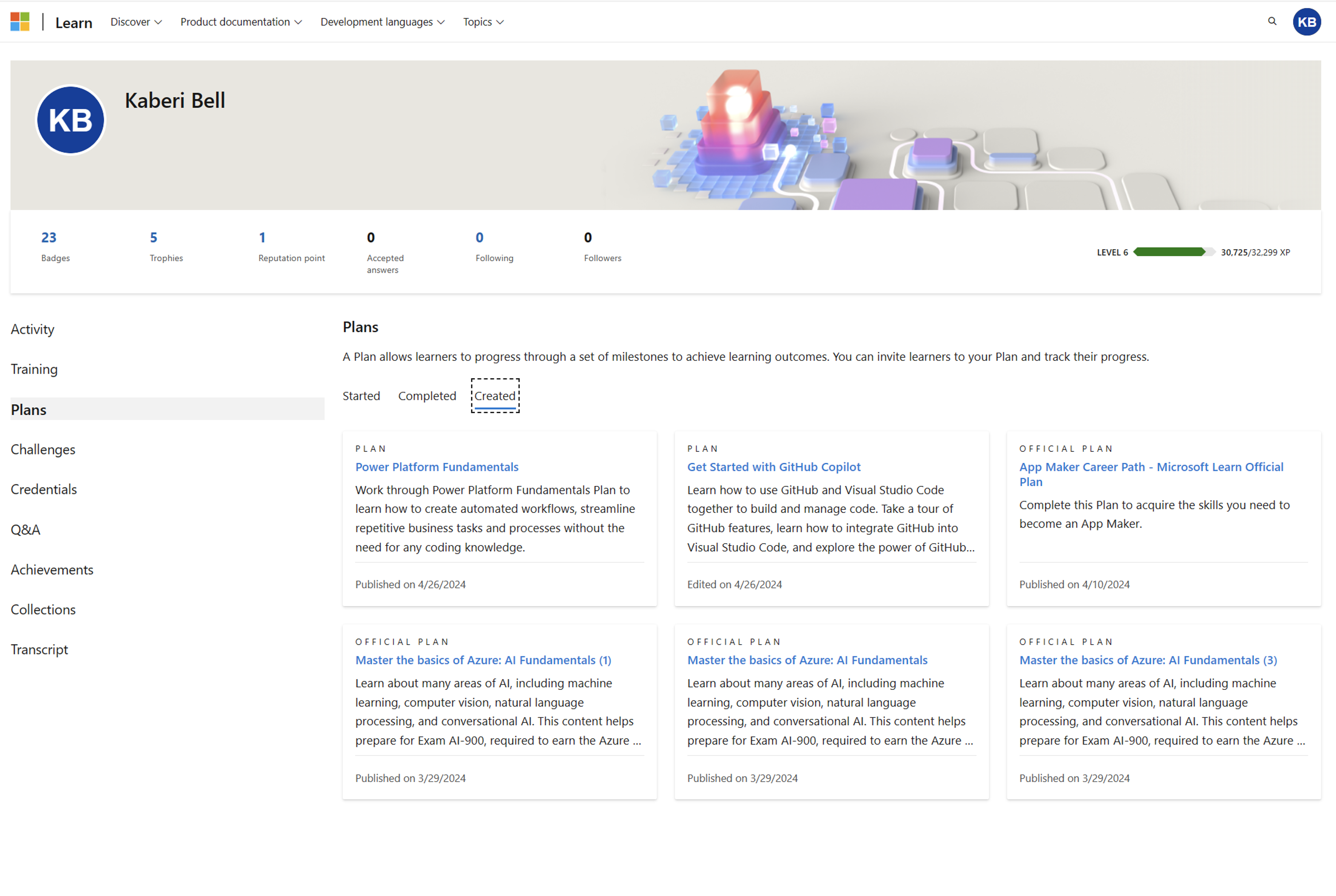 Captura de pantalla de un perfil de usuario de Learn donde se muestra la actividad Planes Los planes creados se muestran en la pestaña 